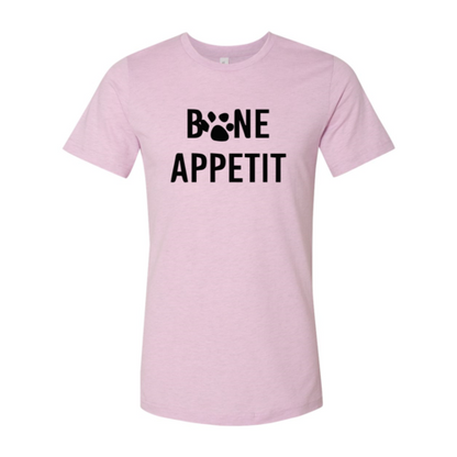 Pink Bone Appetit T-Shirt with paw print design made of premium ring spun cotton by Bella Canvas