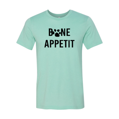 Mint green Bone Appetit T-Shirt with black paw print design, soft ring spun cotton, Bella Canvas brand.