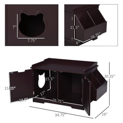 Wooden cat litter box nightstand enclosure with magnetic doors and side storage rack, brown MDF finish, cat-shaped side door, multifunctional end table and hidden litter box.