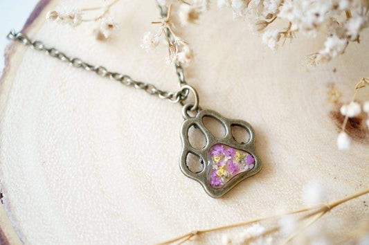 Handmade real dried flowers resin necklace with dog paw charm in bronze frame