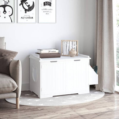 White wooden cat litter box nightstand with storage rack and magnetic doors in modern living room