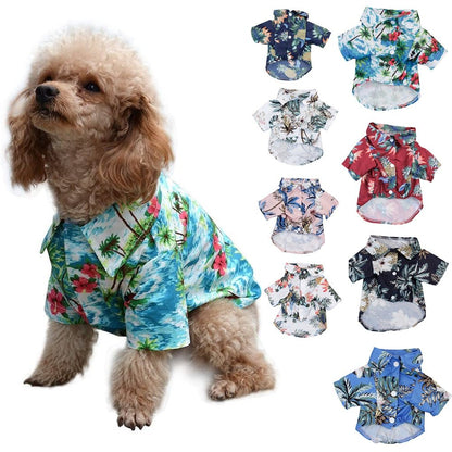 Small dog wearing a breathable Hawaiian pet shirts with pineapple and floral beach print