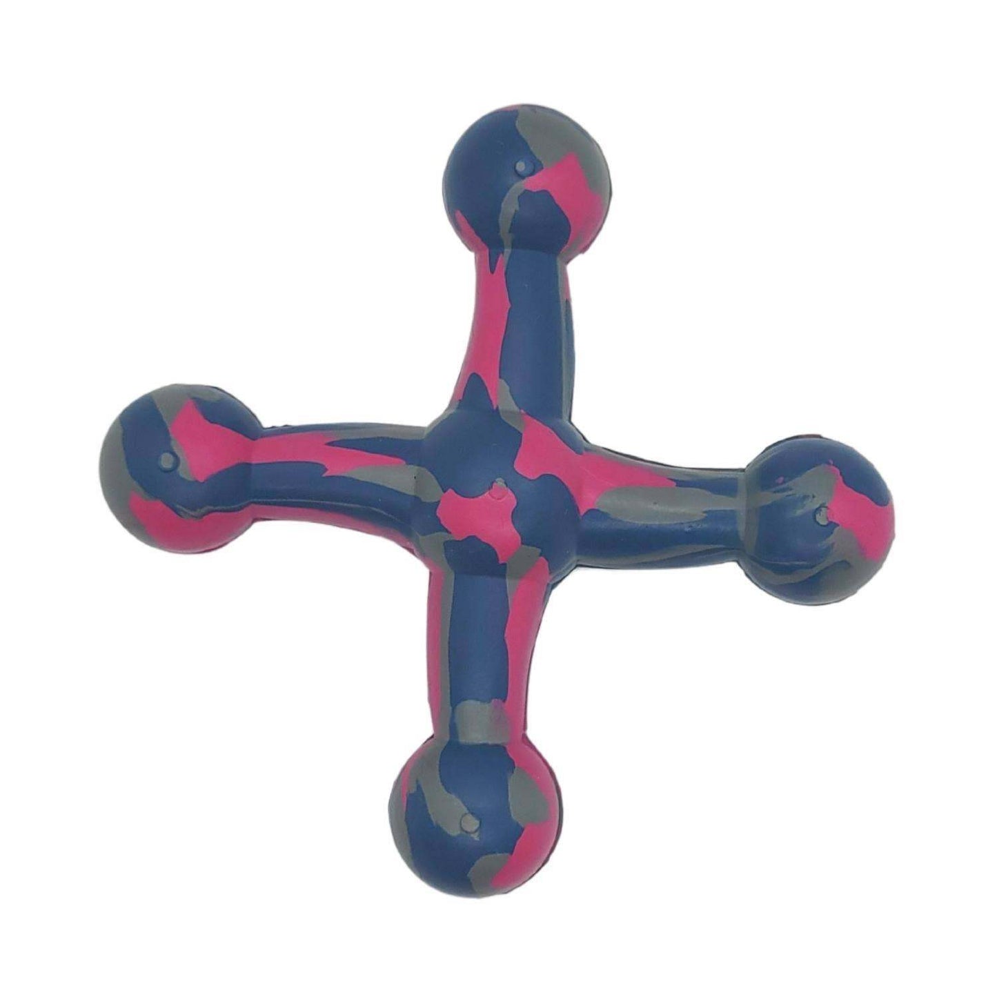 Natural Rubber Jack Dog Toy in blue and pink, durable non-toxic chew toy with unique shape for engaging play and enhanced agility