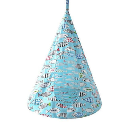 Blue conical pet hammock with fish print for cats and small dogs, made of linen and sponge, portable and foldable