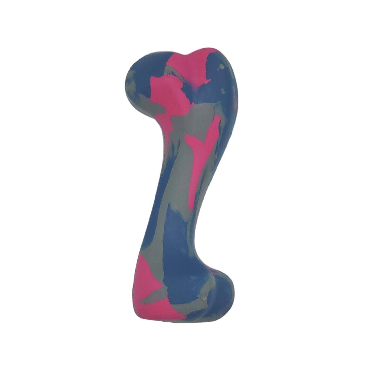 Large durable natural rubber dog bone chew toy in blue, pink, and gray for safe, interactive play and strong chewers