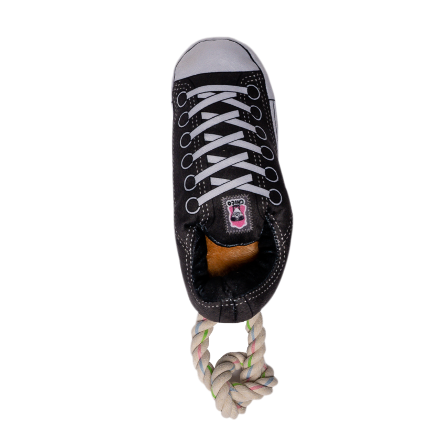 Black Squeaky Comfort Plush Sneaker dog toy with treat compartment and rope tug for interactive play