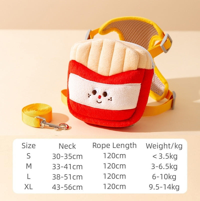 Cartoon Hamburger Chips Design Adjustable Vest Leash Rope For Cats And Dogs Walking Tow Rope With Backpack Escape Proof Vest