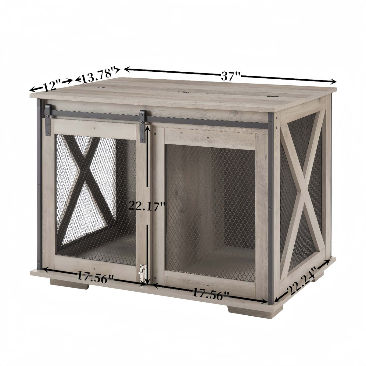 Farmhouse Barn-Door Dog Crate End Table in gray-wash wood with dark metal mesh doors, X-braced sides, and a sliding front door.