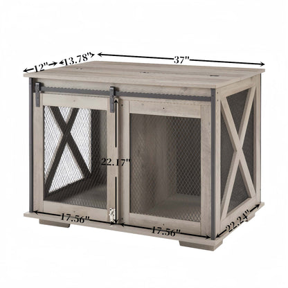 Farmhouse Barn-Door Dog Crate End Table in gray-wash wood with dark metal mesh doors, X-braced sides, and a sliding front door.