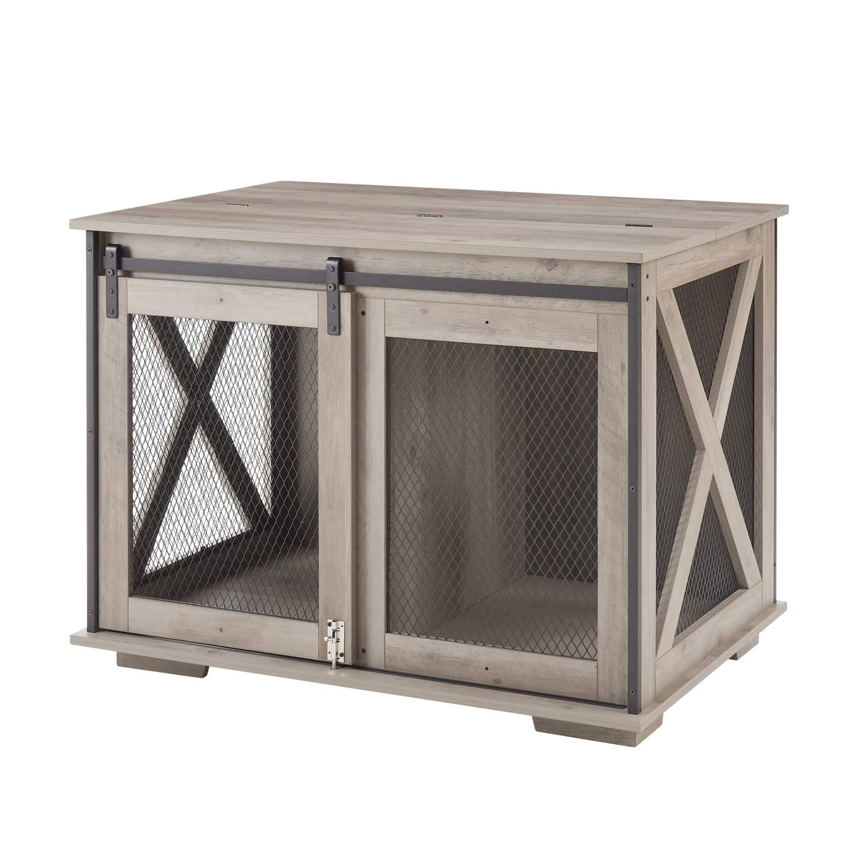 Farmhouse Barn-Door Dog Crate End Table in gray-wash wood with dark metal mesh panels and sliding barn-style doors