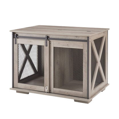 Farmhouse Barn-Door Dog Crate End Table in gray-wash wood with dark metal mesh panels and sliding barn-style doors