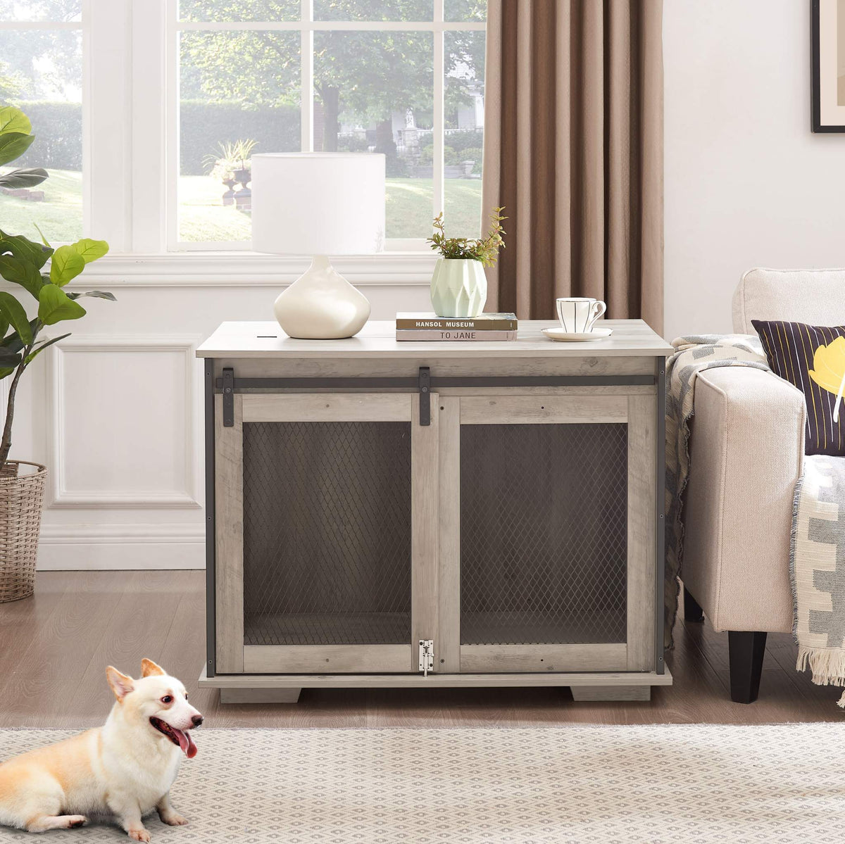 Farmhouse Barn-Door Dog Crate End Table in gray-wash wood with two dark metal-mesh doors and a wide tabletop