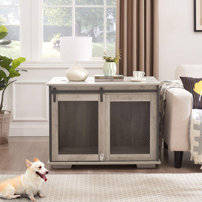 Farmhouse Barn-Door Dog Crate End Table in gray-wash wood with two dark metal-mesh doors and a wide tabletop