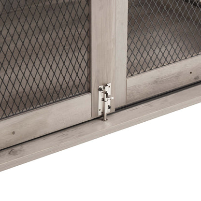 Farmhouse Barn-Door Dog Crate End Table with gray-wash wood panels, black diamond mesh, and a metal door latch