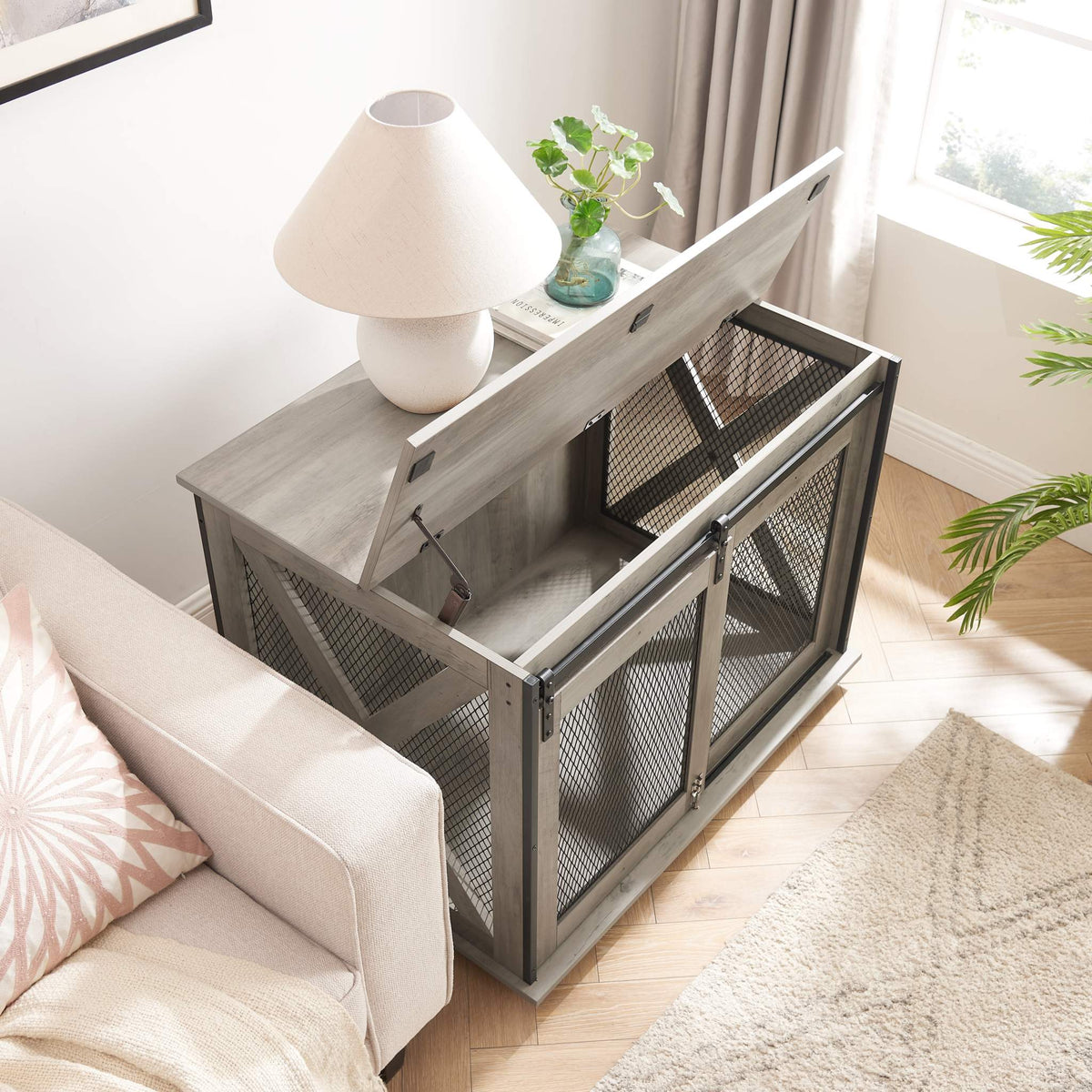 Farmhouse Barn-Door Dog Crate End Table in gray-wash wood with black metal mesh panels and an open lift-top lid