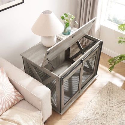 Farmhouse Barn-Door Dog Crate End Table in gray-wash wood with black metal mesh panels and an open lift-top lid