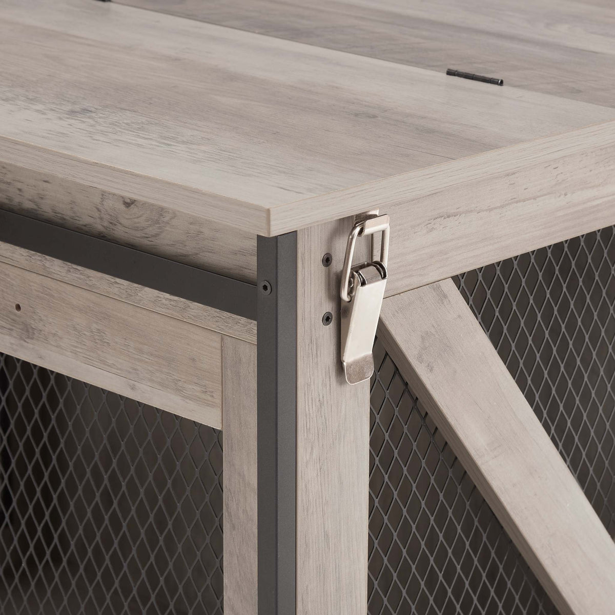 Farmhouse Barn-Door Dog Crate End Table in pale gray-wash wood, with dark metal mesh and a silver latch.
