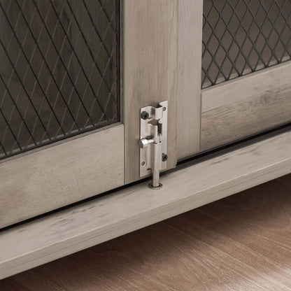 Farmhouse Barn-Door Dog Crate End Table with gray-wash wood panels, black metal mesh, and a silver door latch