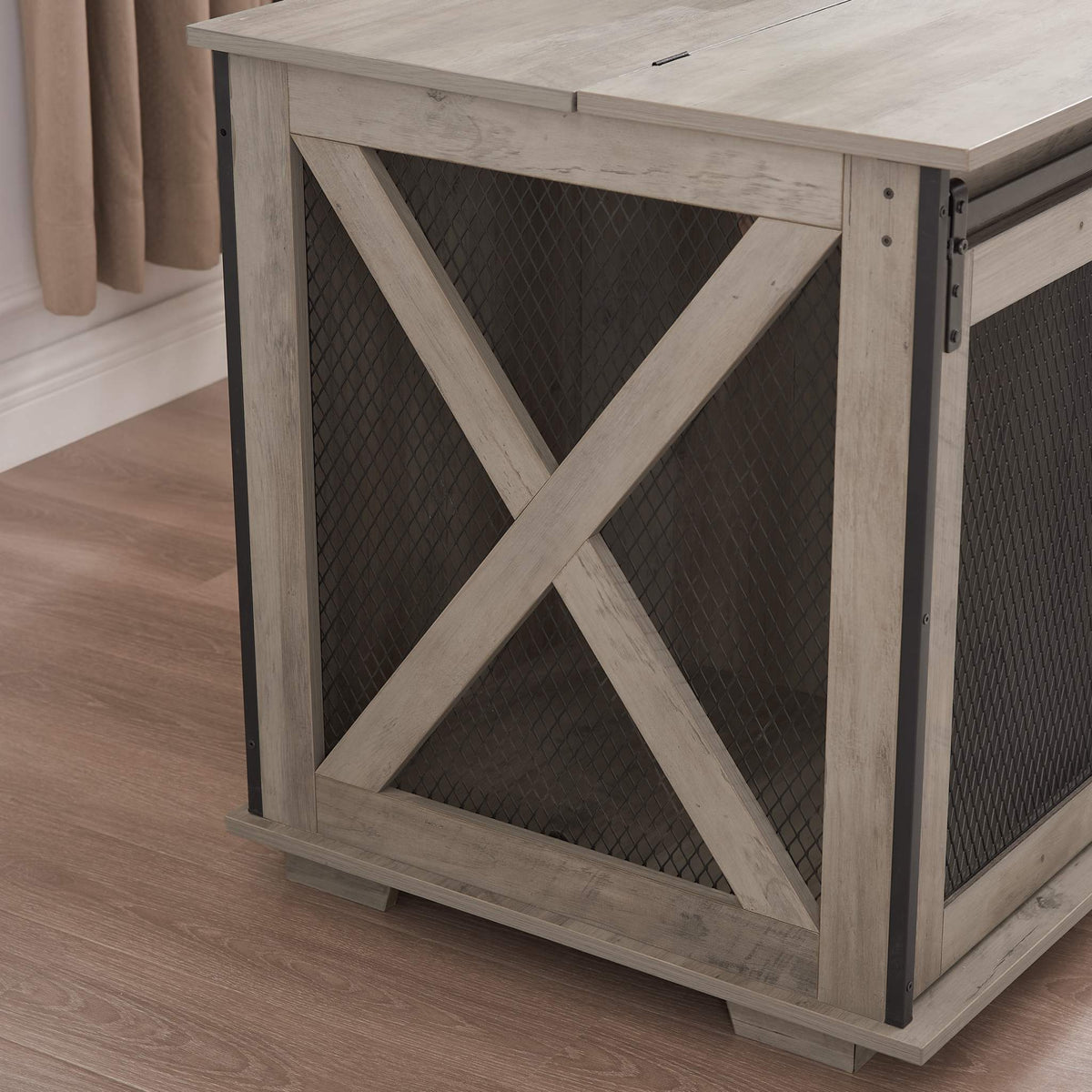 Farmhouse Barn-Door Dog Crate End Table in gray-wash wood with black metal mesh panels and bold X-brace sides.