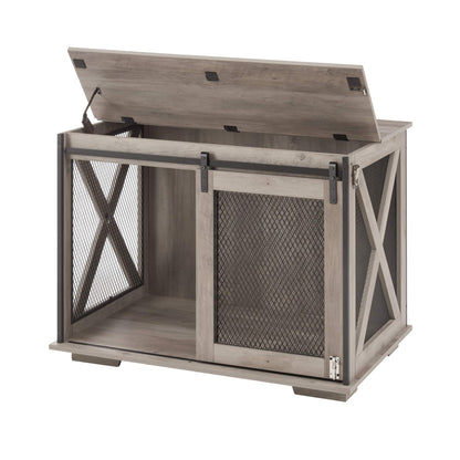 Farmhouse wooden dog cage with sliding barn door and flip-top design