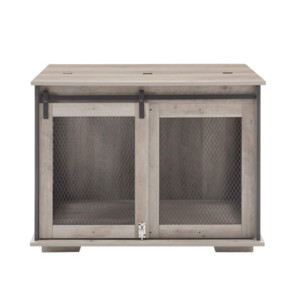 Farmhouse Barn-Door Dog Crate End Table in gray-wash wood with two mesh-front compartments and sliding doors