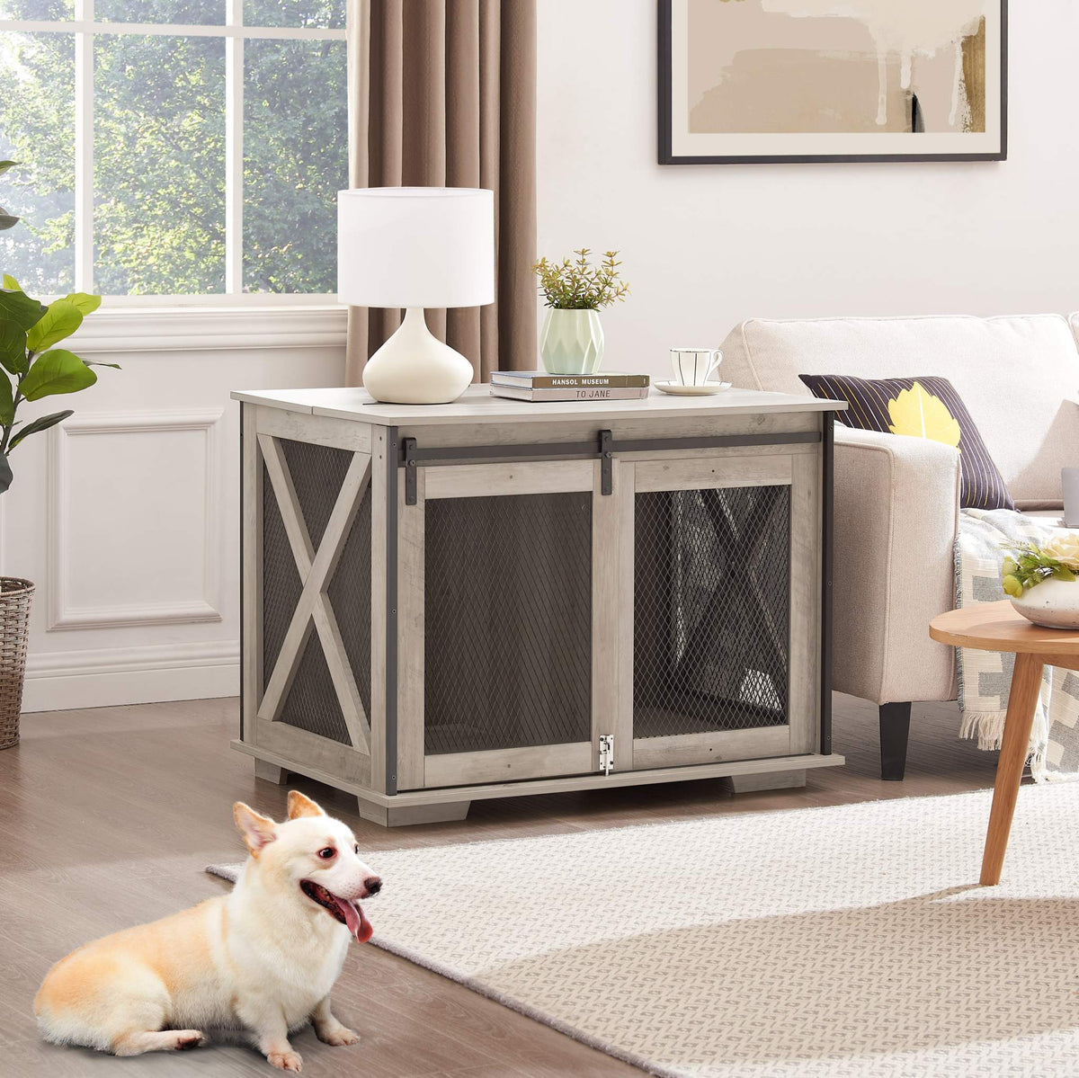 Farmhouse Barn-Door Dog Crate End Table in gray-wash wood, with sliding doors, metal mesh panels and an X-braced side