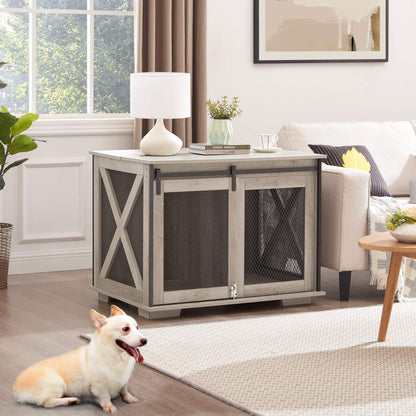 Farmhouse Barn-Door Dog Crate End Table in gray-wash wood, with sliding doors, metal mesh panels and an X-braced side