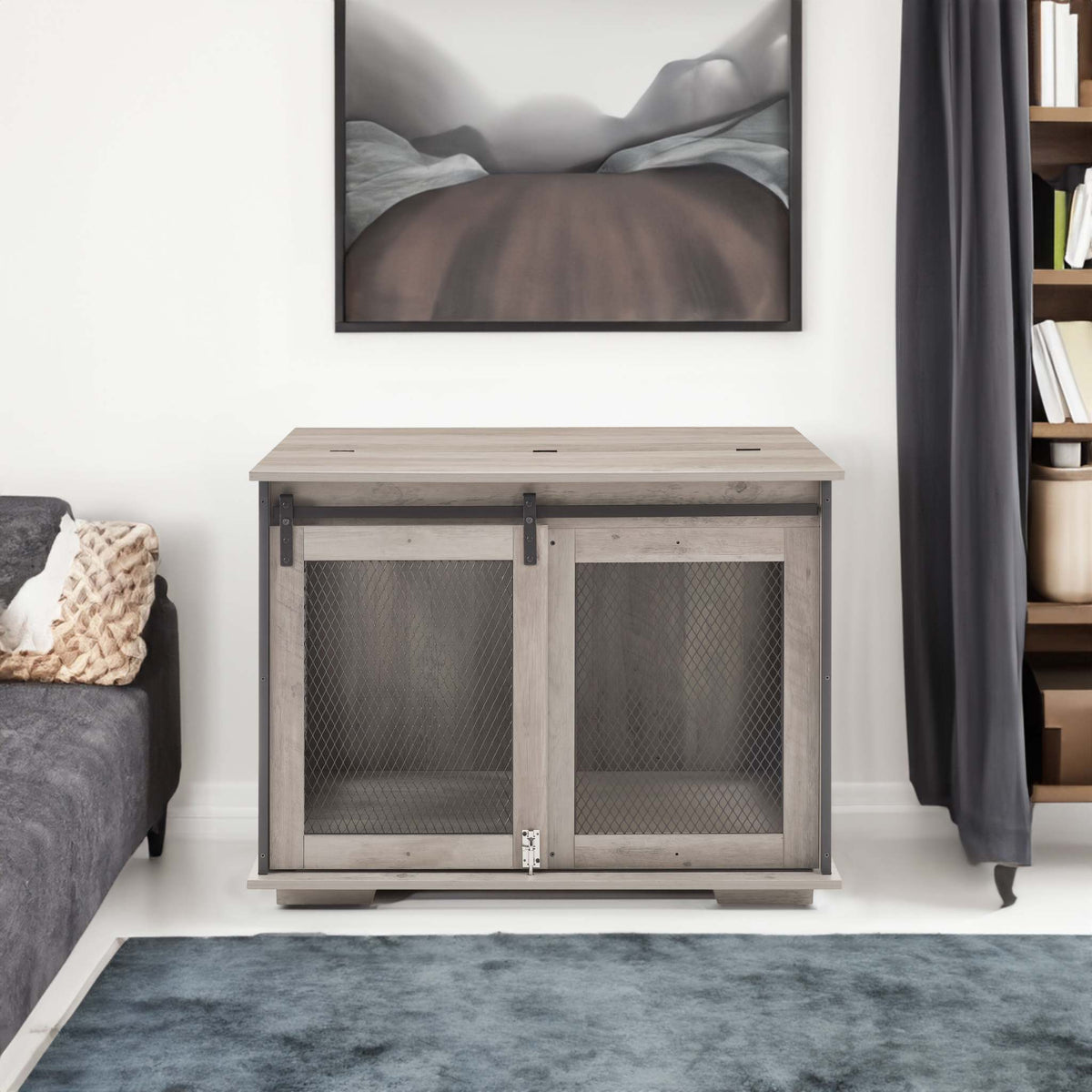 Farmhouse Barn-Door Dog Crate End Table in gray-wash wood, with two mesh-front doors and a broad tabletop.