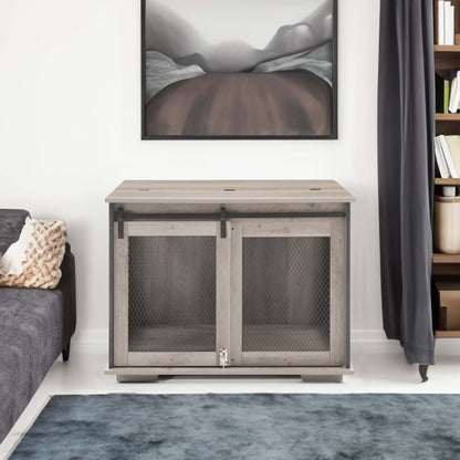 Farmhouse Barn-Door Dog Crate End Table in gray-wash wood, with two mesh-front doors and a broad tabletop.