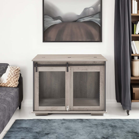Farmhouse Barn-Door Dog Crate End Table in gray-wash wood, with two mesh-front doors and a broad tabletop.