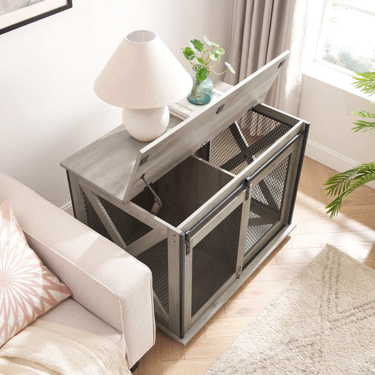 Farmhouse Barn-Door Dog Crate End Table in gray-wash wood with black metal mesh panels, hinged top, and sliding barn door.