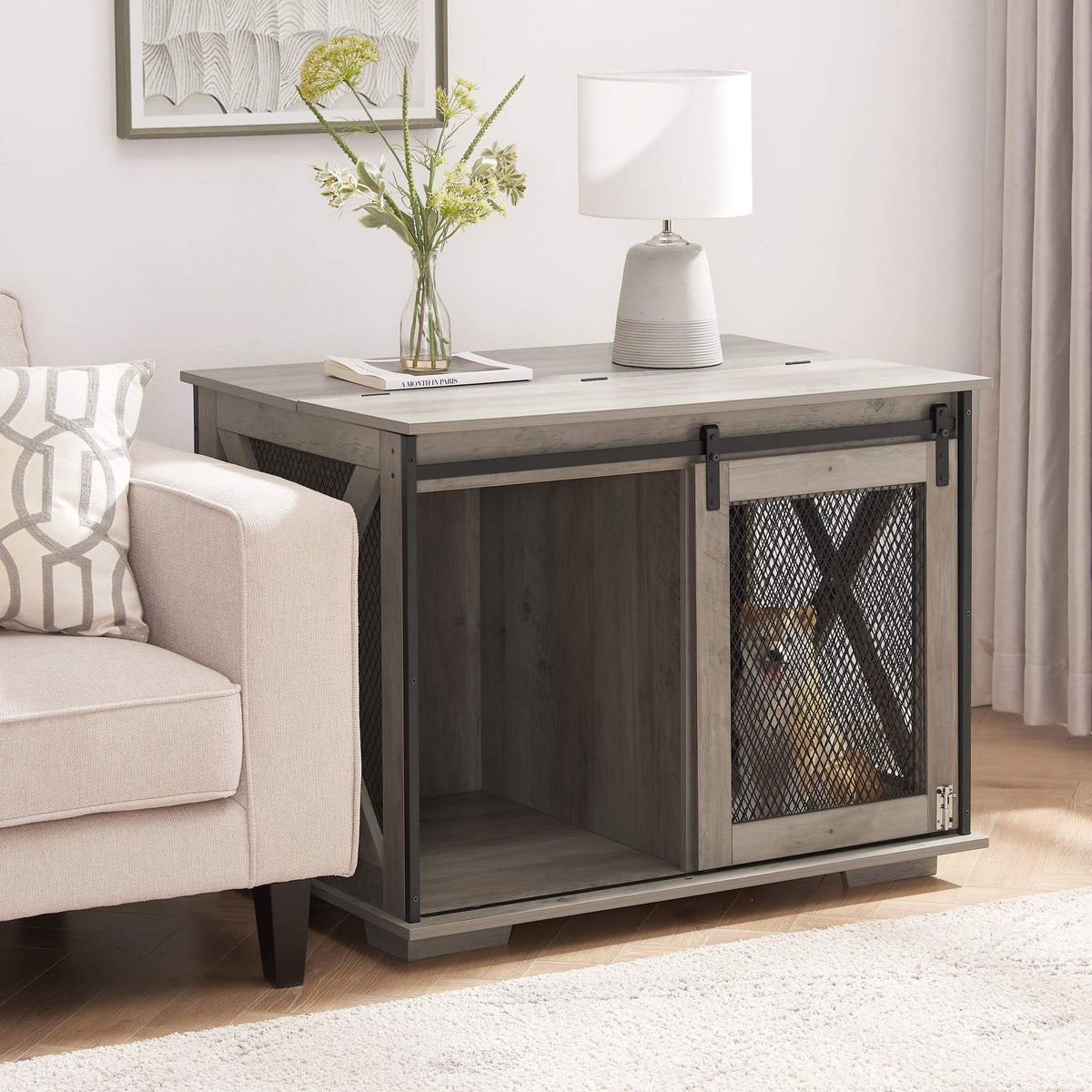 Farmhouse Barn-Door Dog Crate End Table in gray-wash wood with black metal framing, mesh door, and tabletop surface.