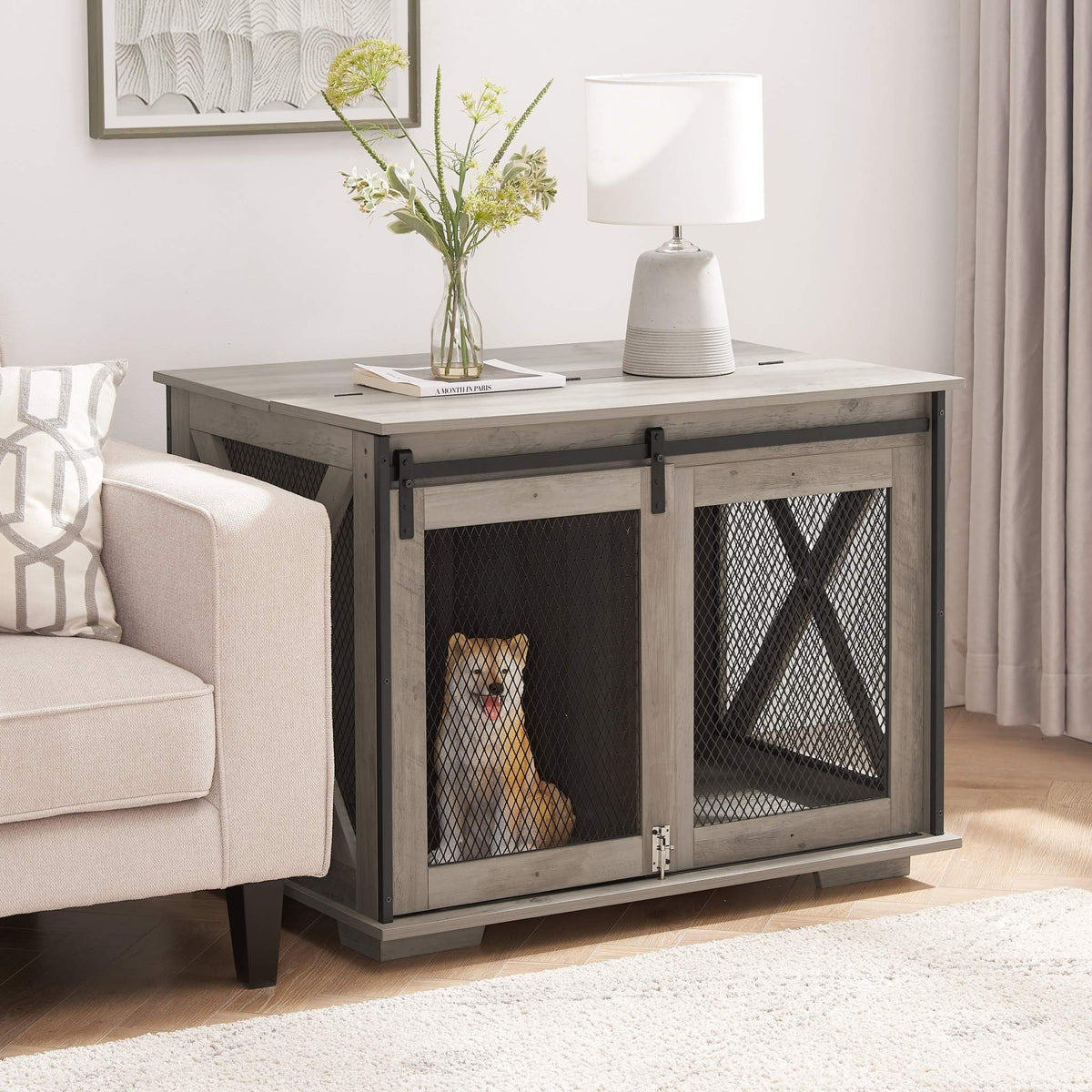 Farmhouse Barn-Door Dog Crate End Table in gray-wash wood with black metal mesh doors and a sliding barn door.