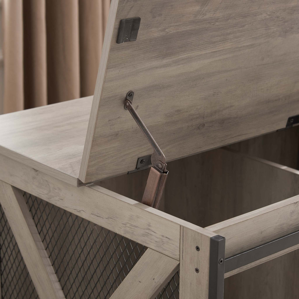 Farmhouse Barn-Door Dog Crate End Table in gray-wash wood with metal mesh panels and a lift-top lid with support brace.
