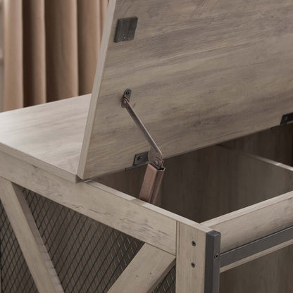 Farmhouse Barn-Door Dog Crate End Table in gray-wash wood with metal mesh panels and a lift-top lid with support brace.