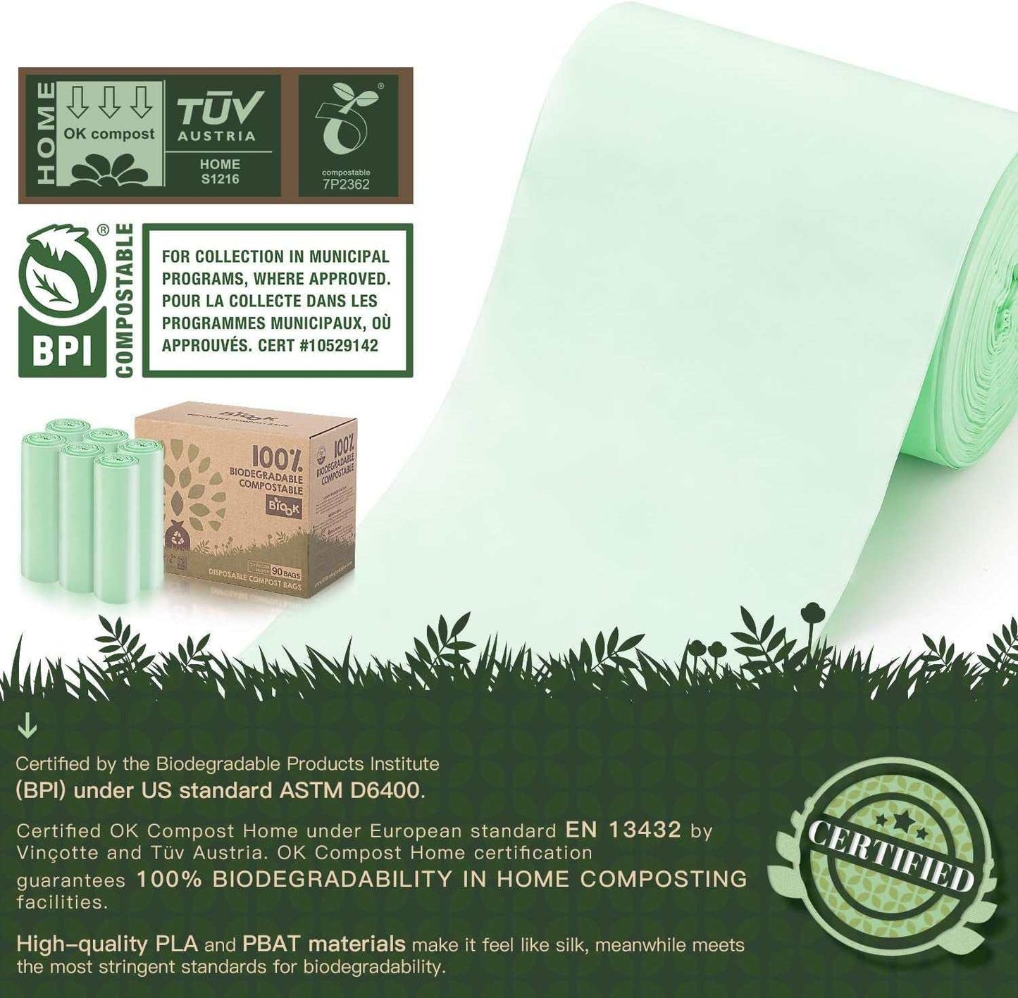 BIOOK Compostable Dog Poop Bags eco-friendly leak-proof certified compostable biodegradable roll with packaging
