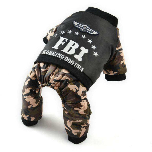 FBI Camouflage Coat for dogs with black upper body and tan, brown, and green camouflage-patterned legs and sleeves, featuring white FBI lettering and stars