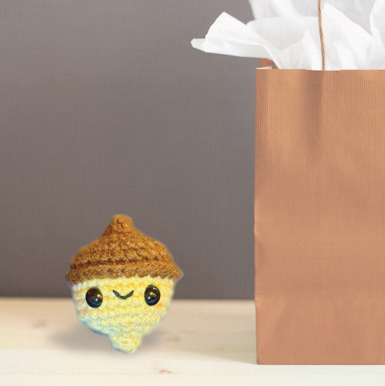 handmade weighted cat toy augie the acorn with crocheted acorn design and smiling face next to brown gift bag