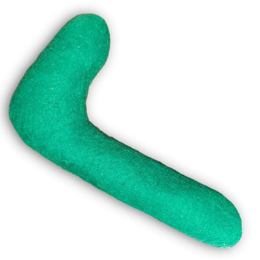Green handmade tube felt dog toy made from 100% wool for chewing and playing