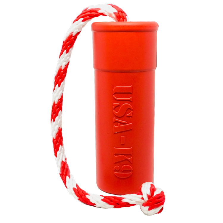 USA-K9 Firecracker durable red rubber floating dog training dummy with rope