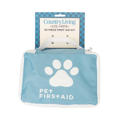 Country Living 50-Piece Pet Travel First Aid Kit with paw print on blue pouch for pet emergencies and outdoor care