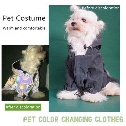 Flashing Dog Clothes reflective polyester dog hoodie in gray that changes color under light, featuring adjustable drawstrings and secure closures