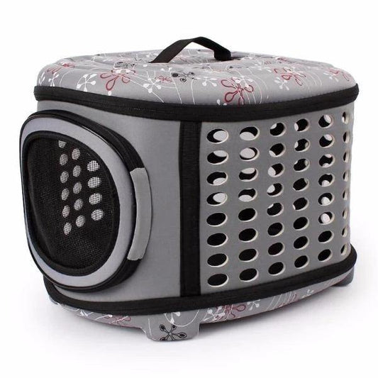 Foldable beige and grey pet carrier handbag for dogs and cats with breathable mesh sides