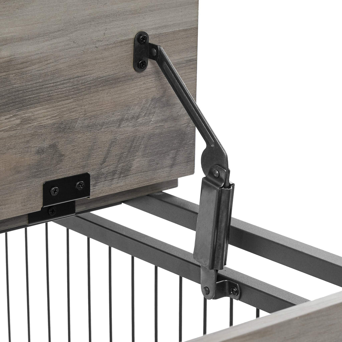 Furniture Dog Crate with Double Doors in grey particleboard and steel, showing a hinged lift-top support and iron bars