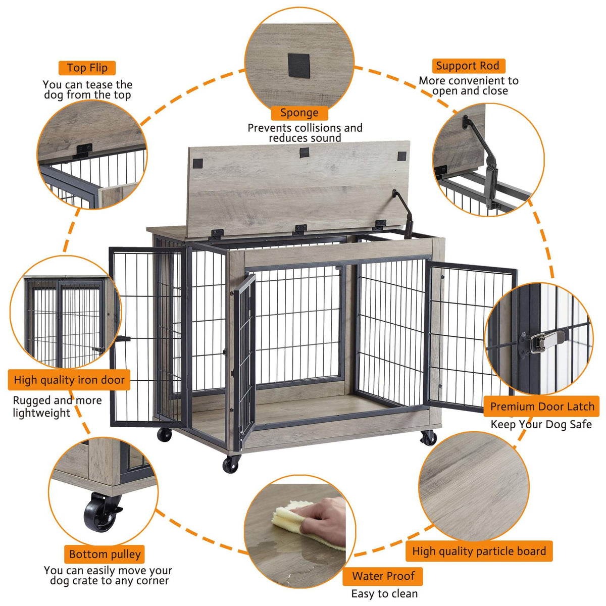 Furniture Dog Crate with Double Doors in grey particleboard and black iron bars, with a lift-top and rolling casters
