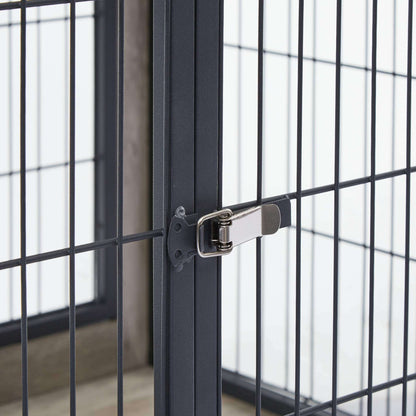 Furniture Dog Crate with Double Doors showing a close-up of dark grey steel bars and a silver metal latch