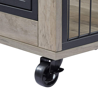 Furniture Dog Crate with Double Doors in grey wood-grain finish, featuring a black steel frame and locking caster wheel