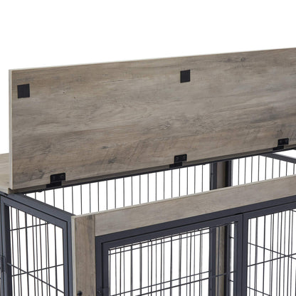 Furniture Dog Crate with Double Doors in grey wood-grain particleboard and black steel bars, featuring a raised lift-top lid