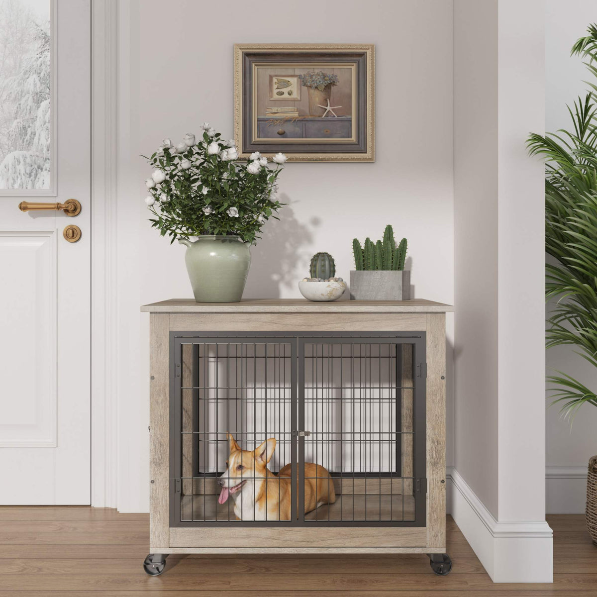 Furniture Dog Crate with Double Doors in grey wood-look panels and black metal bars, with casters and a dog inside