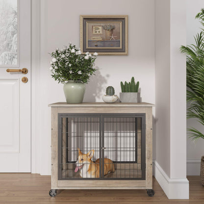 Furniture Dog Crate with Double Doors in grey wood-look panels and black metal bars, with casters and a dog inside